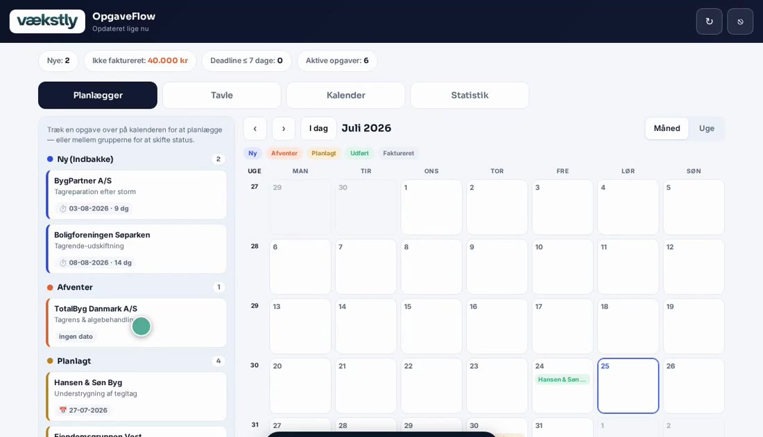 Kalender med opgaver placeret på dage